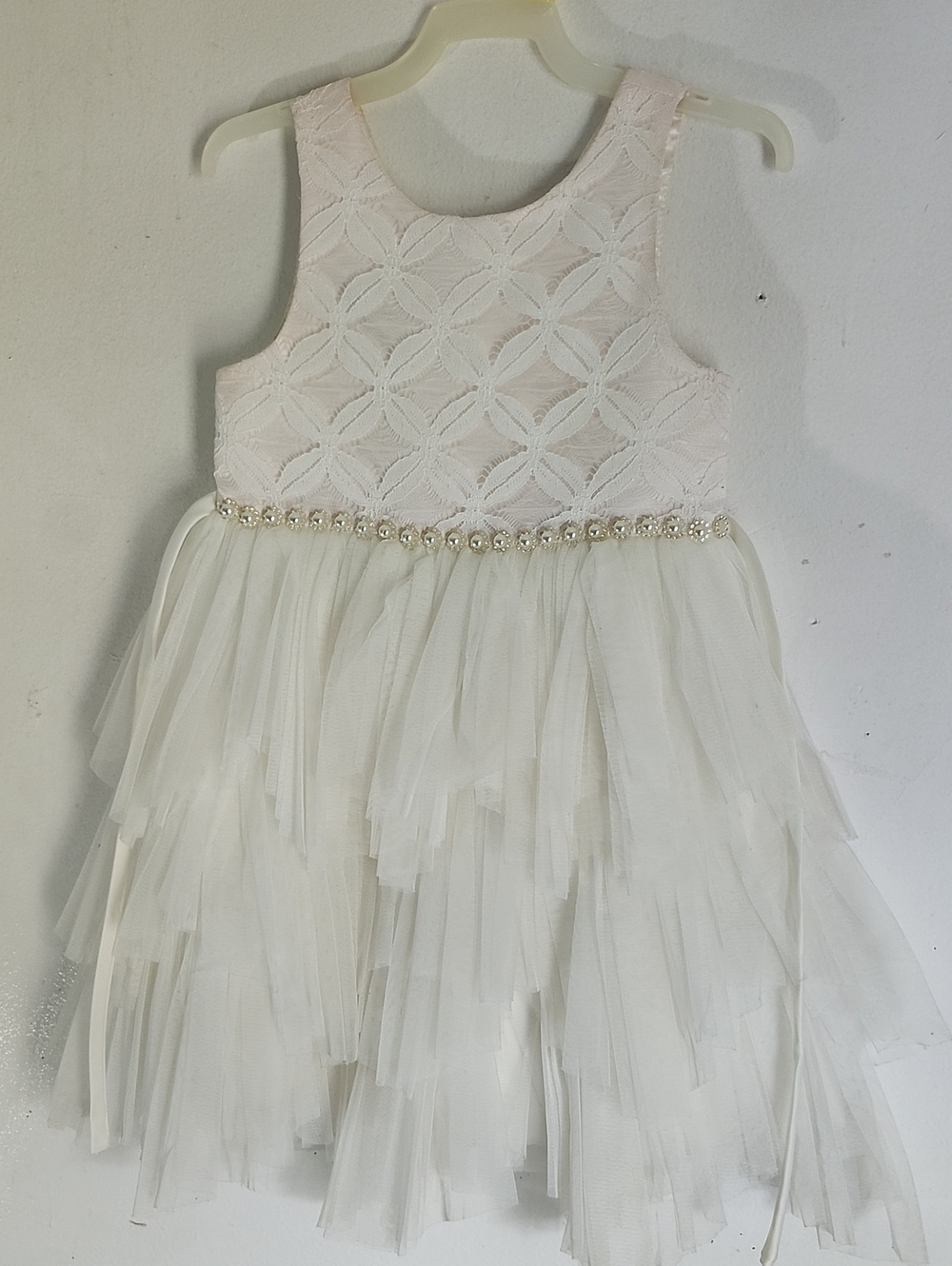 Ivory Lace Bodice Tulle Party Dress with Pearl Trim